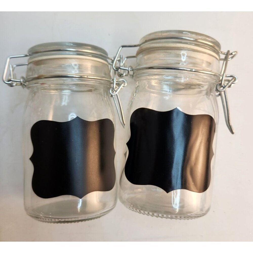 Set Of 2 Glass Chalkboard Label Jars With Hinged Lids & Metal Clamps
